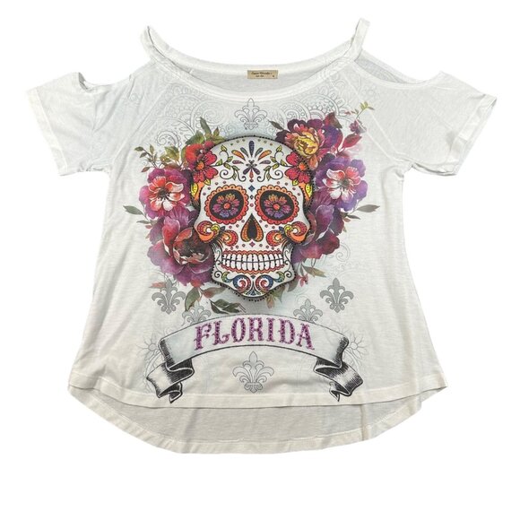 Sweet Gisele Womens Medium Sugar Skull Open Cold Shoulder SS Tee White Florida - Picture 1 of 6